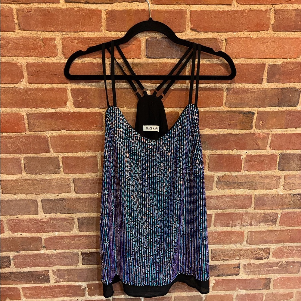 Grace Karin Black and Blue Sequin Camisole